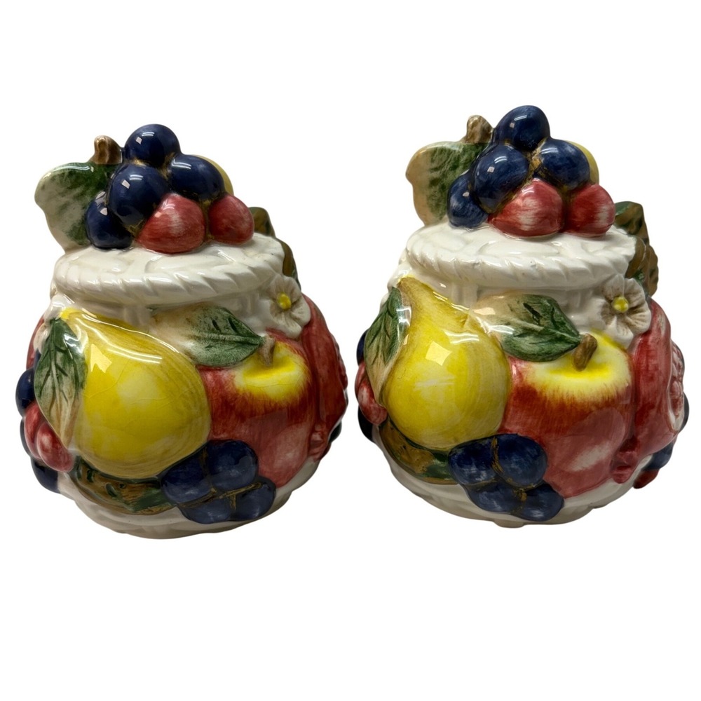 OCI Ceramic Fruit Basket Salt and Pepper Shakers Set Multi-Color Gold Bow